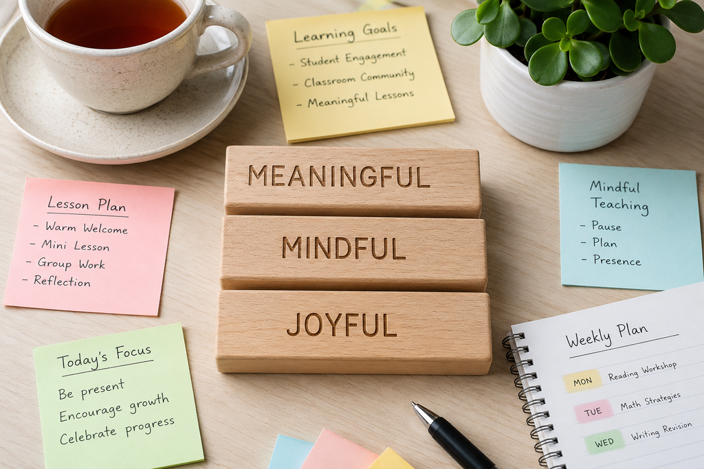 Tiga kubus kayu melambangkan pilar Meaningful Learning, Mindful Learning, dan Joyful Learning.
