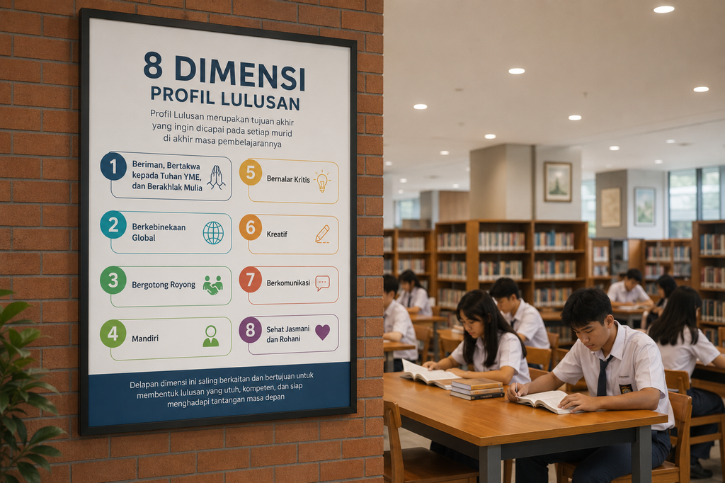 Poster delapan dimensi profil lulusan Permendikdasmen 13/2025 di perpustakaan sekolah.