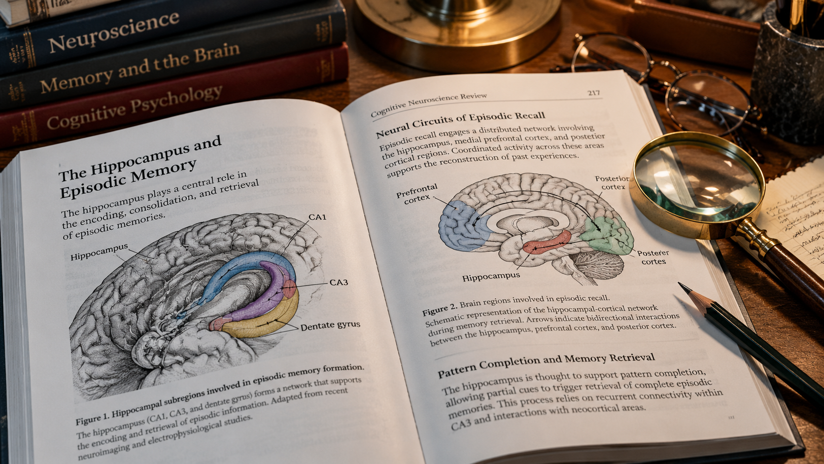Lembaran jurnal ilmiah neurosains dan diagram jalur memori otak manusia di atas meja telaah.