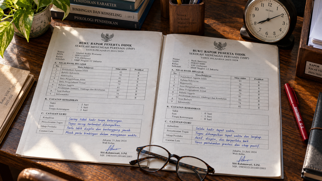 Dua buku rapor sekolah dengan nilai kelulusan serupa yang diletakkan berdampingan, mengilustrasikan dampak negatif dari sistem rajin malas sama saja (RMS).