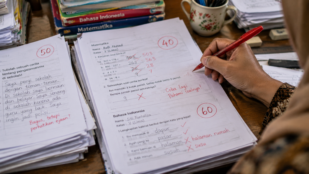 Guru memeriksa tumpukan lembar jawaban ujian siswa yang menunjukkan penurunan kualitas kompetensi literasi dan numerasi dasar.