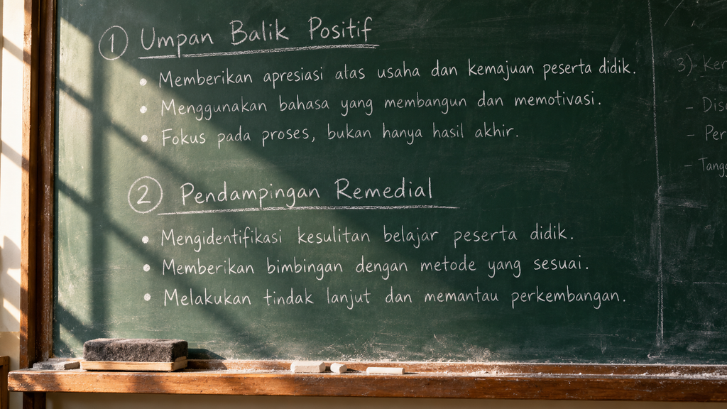 Catatan di papan tulis kelas mencantumkan panduan umpan balik guru dan prinsip remedial yang membangun kepercayaan diri siswa.